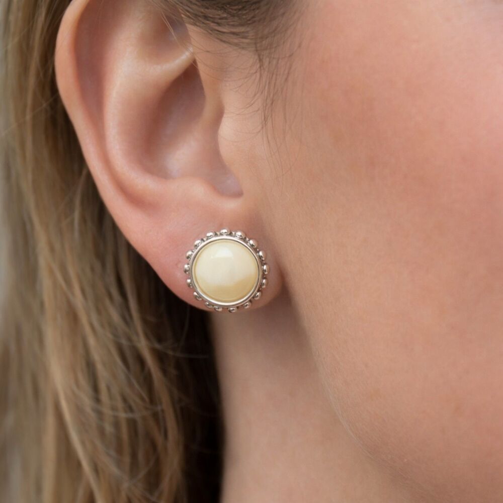 Napier Cream Cabochon Stud Earrings Silver Tone Vintage Style